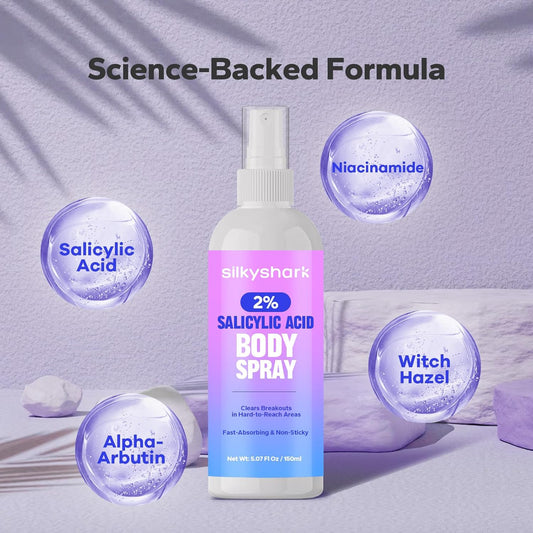 SilkyShark Salicylic Acid Body Spray 2% – Acne Treatment for Back, Chest & Face, Exfoliating Mist for Blemishes, Blackheads & Bacne, 5.07 fl oz