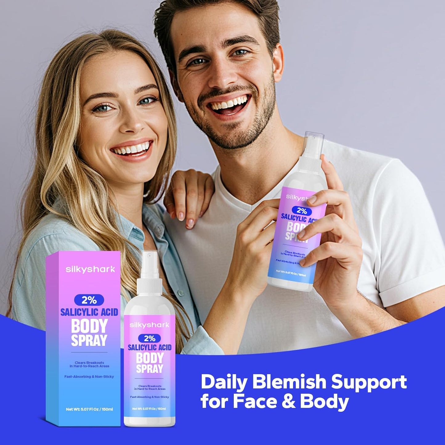 SilkyShark Salicylic Acid Body Spray 2% – Acne Treatment for Back, Chest & Face, Exfoliating Mist for Blemishes, Blackheads & Bacne, 5.07 fl oz
