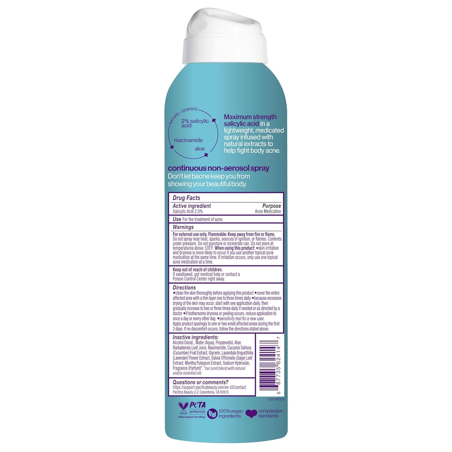 Pacifica Bacne Acne Cleanser Spray – 2% Salicylic Acid Body Mist for Back, Chest & Body Acne | Niacinamide & Aloe | Vegan & Dermatologist Tested – 6oz