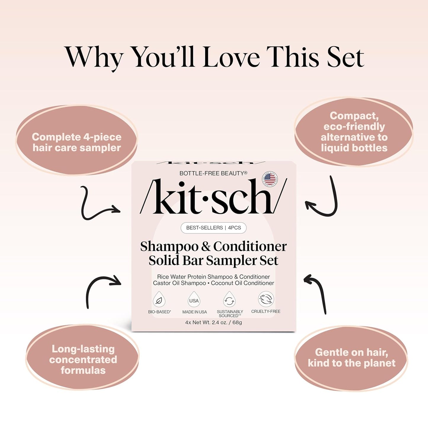 Kitsch Shampoo & Conditioner Bar Set | 4pc Sampler with Rice Water, Castor Oil & Coconut Oil | Bottle-Free, Eco-Friendly Hair Growth, Repair & Moisture