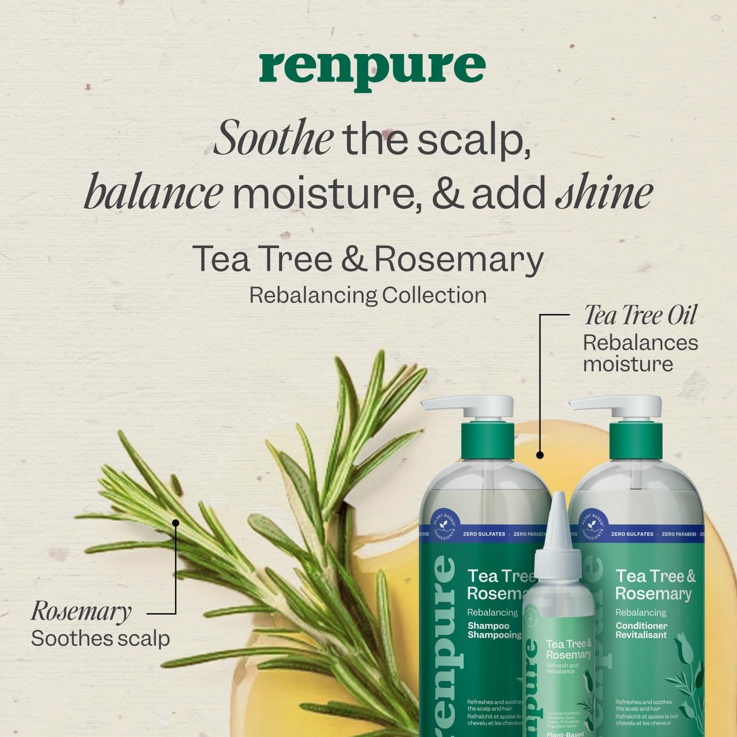 Renpure Tea Tree & Rosemary Shampoo & Conditioner Set – Plant-Based Hydrating Hair Care Duo for Oily & Normal Hair, Scalp Refresh & Balance – 24 fl oz Each, 2 Pack