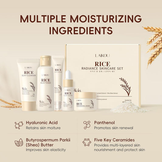 LAIKOU Korean Rice Skincare Set – Cleanser, Toner, Serum, Eye Cream & Moisturizer | 5-Piece Hydrating Face Care Kit for Women, Teens & Moms