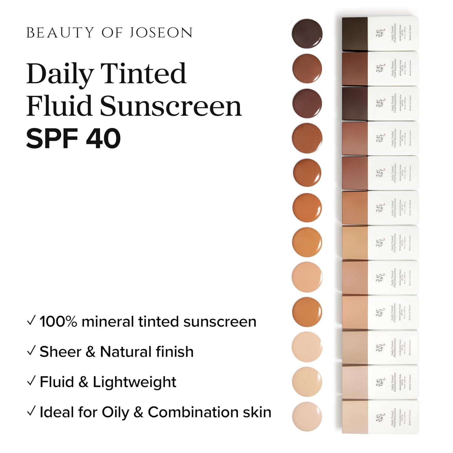 Beauty of Joseon Daily Tinted Fluid Sunscreen SPF 40 | 12 Shades, Moisturizing Korean Face Sunscreen, Broad Spectrum, Lightweight & Natural Finish (50ml / 1.69 fl oz)