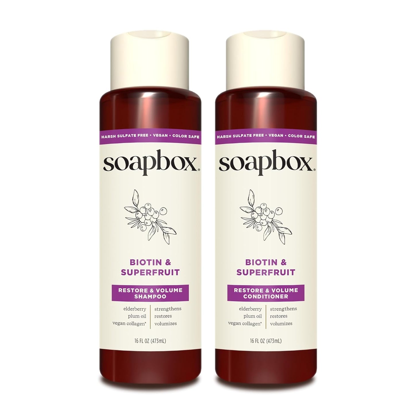 Soapbox Biotin & Superfruit Shampoo & Conditioner Set – Volumizing Hair Care with Vegan Collagen, Aloe & Shea Butter – Sulfate-Free, 16 oz Each, 2 Pack