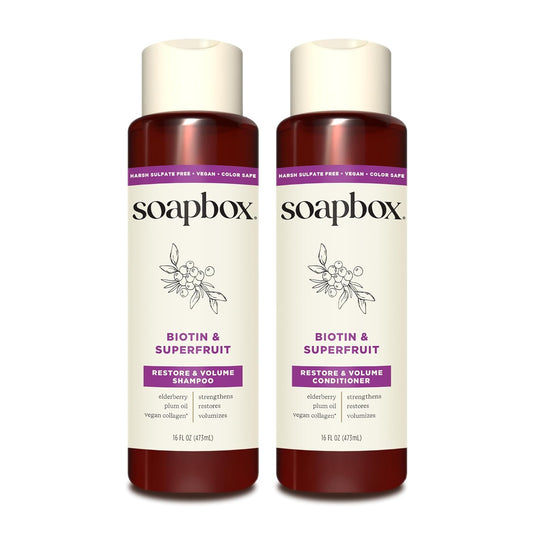 Soapbox Biotin & Superfruit Shampoo & Conditioner Set – Volumizing Hair Care with Vegan Collagen, Aloe & Shea Butter – Sulfate-Free, 16 oz Each, 2 Pack