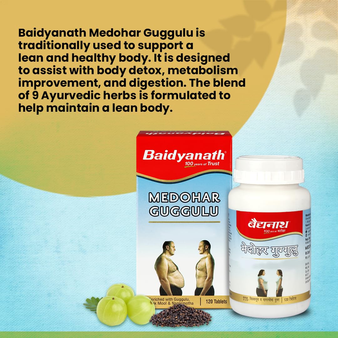 Baidyanath Medohar Guggulu Tablets, Enriched with Guggulu, Chitrakmool and Nagarmotha- 120 Tab (Pack of 1)