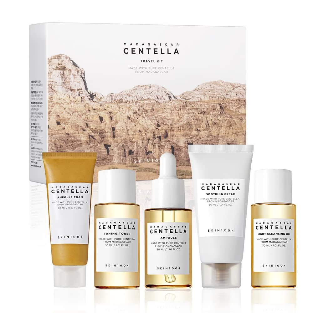SKIN1004 Madagascar Centella Travel Kit – 5-Piece Mini Skincare Set with Toner, Ampoule, Soothing Cream, Cleansing Oil & Foam – Compact Trial Gift Box