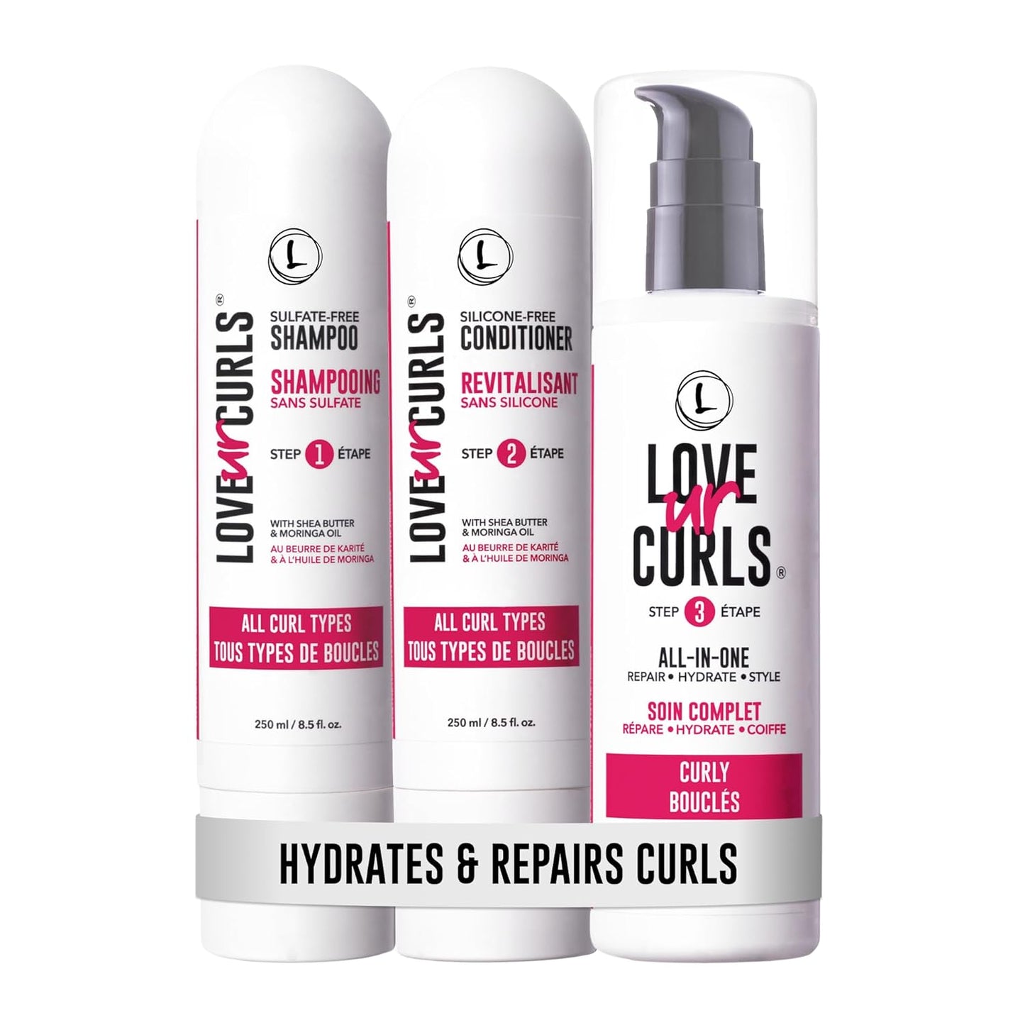 Love Ur Curls 3-Step System – Shampoo, Conditioner & Curl Cream Styler for Defined, Moisturized Curls – Sulfate-Free, Vegan, 8.5 oz Set