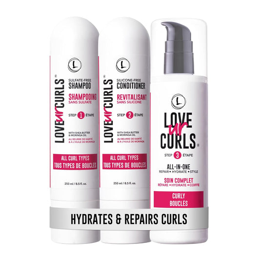 Love Ur Curls 3-Step System – Shampoo, Conditioner & Curl Cream Styler for Defined, Moisturized Curls – Sulfate-Free, Vegan, 8.5 oz Set