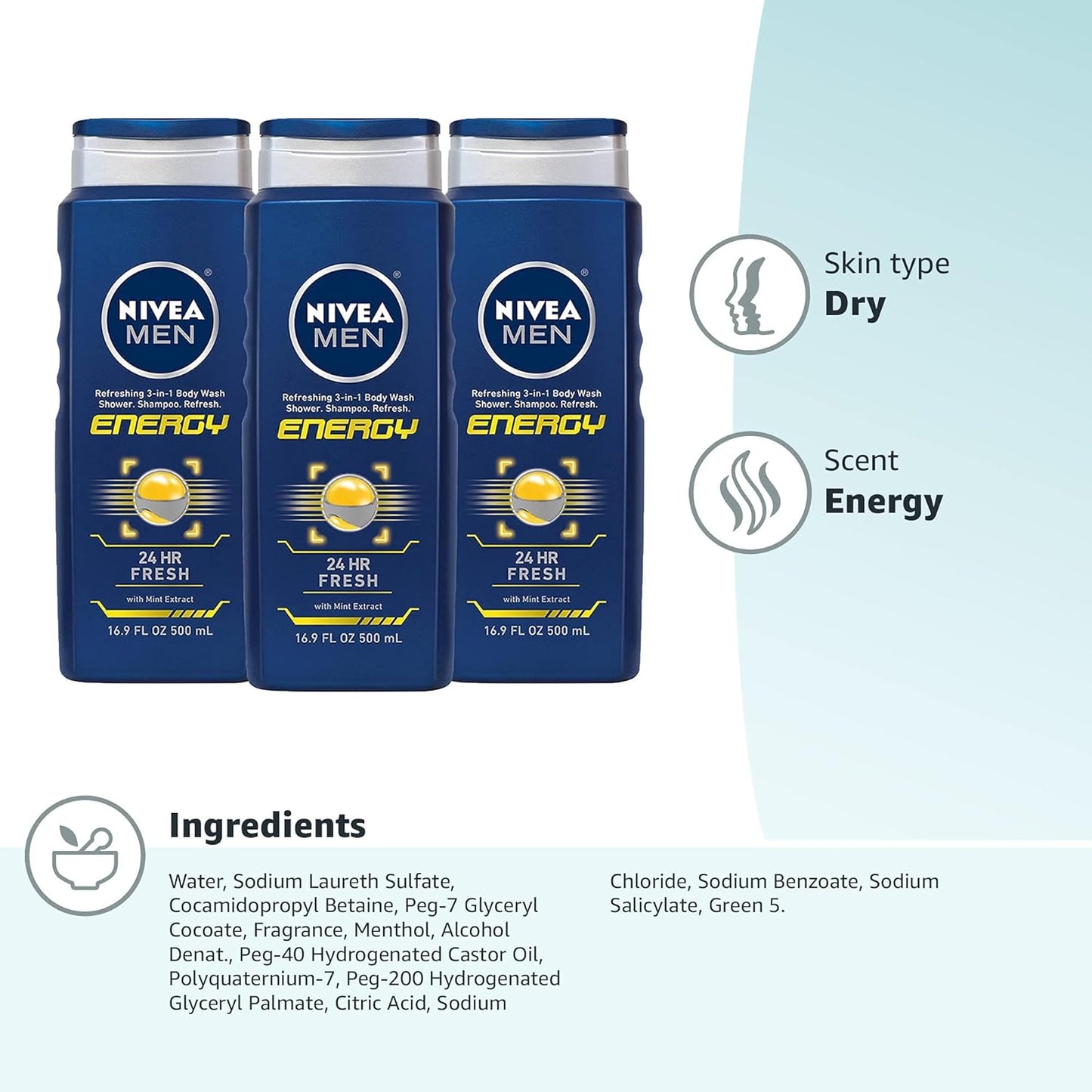 NIVEA Men Energy Body Wash with Mint & Cedarwood – 3-in-1 Face, Hair & Body Cleanser, Long-Lasting Freshness, Pack of 3 (16.9 fl oz Each)