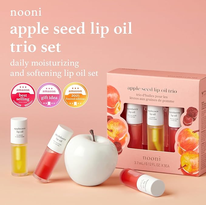 NOONI Korean Lip Oil Gift Set – Hydrating Tinted Lip Oil Trio with Appleberry & Applecoco | Vegan Lip Care for Plump, Smooth & Long-Lasting Moisture (0.12 Fl Oz x 3)