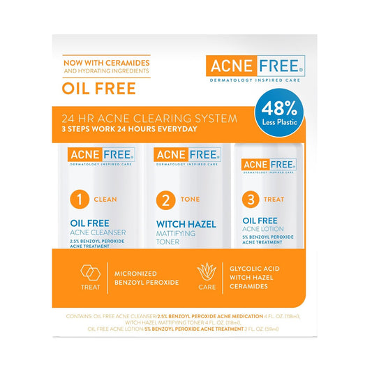 AcneFree 3 Step 24 Hour Acne Treatment Kit – Oil-Free Cleanser, Witch Hazel Toner & Acne Lotion with Benzoyl Peroxide – Dermatologist Recommended Acne Solution, 60 Day Supply
