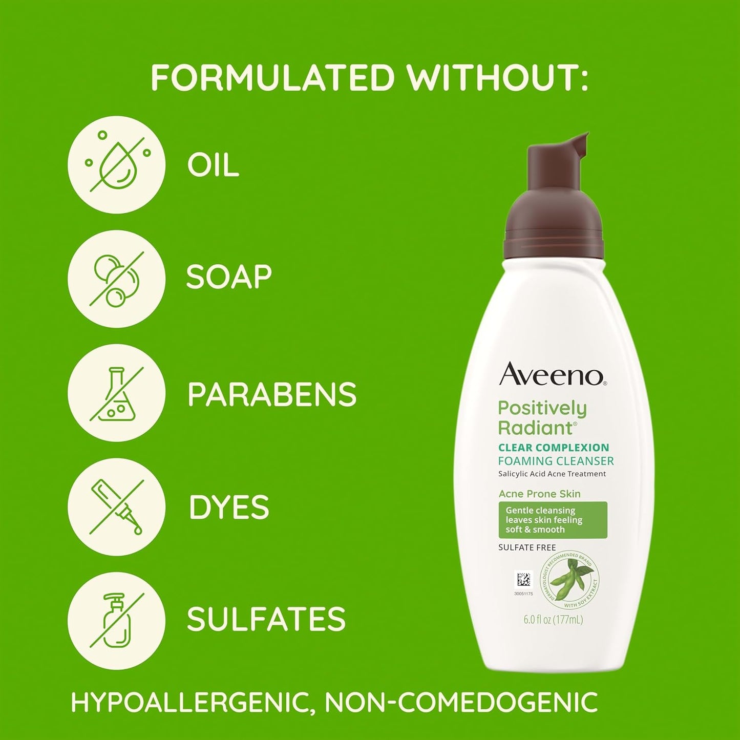 Aveeno Clear Complexion Foaming Facial Cleanser with Soy Extract & Salicylic Acid – Oil-Free Acne Face Wash for Breakout-Prone Skin, Sulfate-Free, Hypoallergenic (6 fl oz)