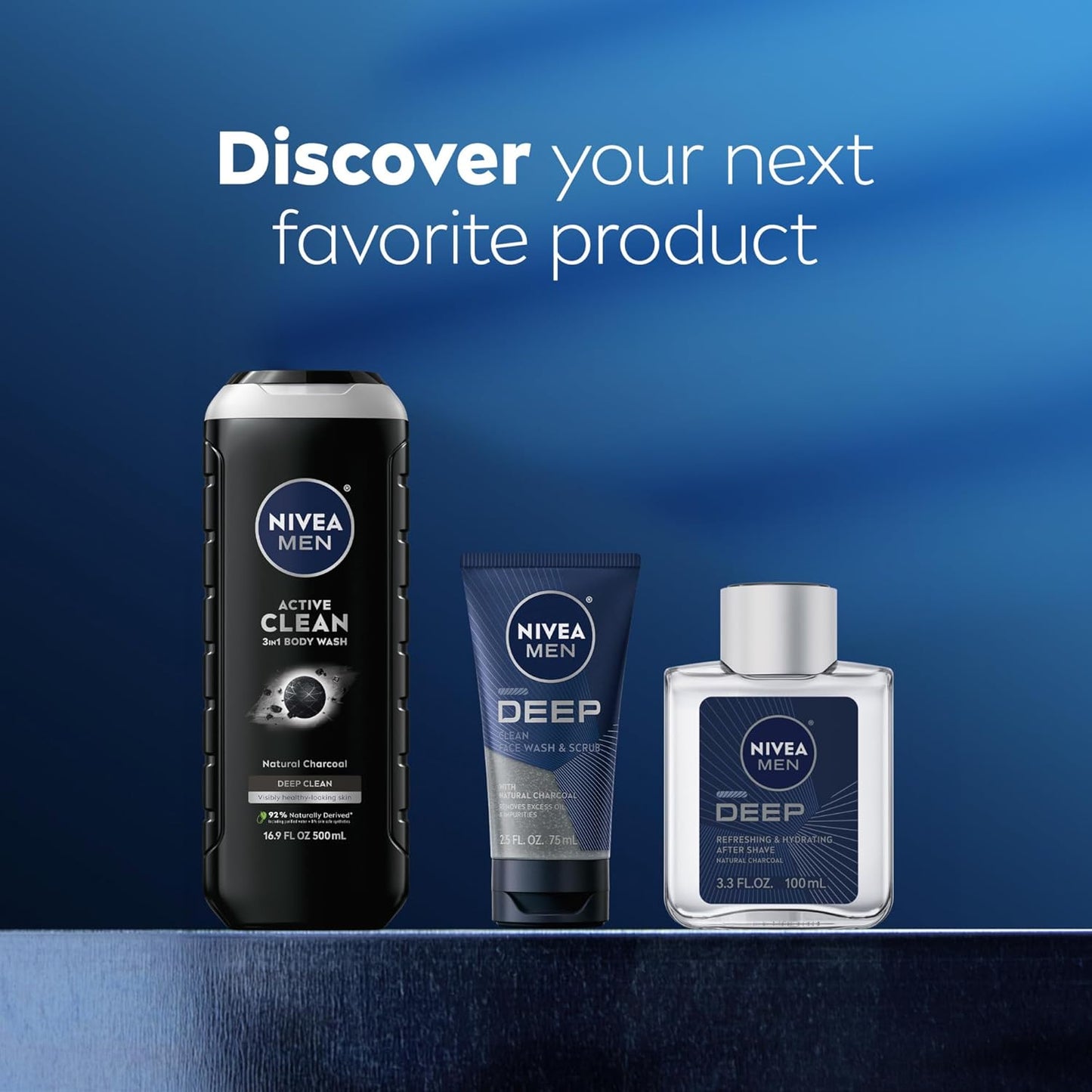 NIVEA Men Active Clean Body Wash with Natural Charcoal – 3-in-1 Face, Hair & Body Cleanser, Long-Lasting Scent, Pack of 3 (16.9 fl oz Each)