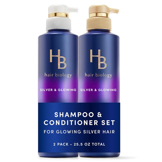 Hair Biology Biotin Purple Shampoo & Conditioner Set – Anti-Brass, Shine & Moisture for Grey, Silver & Color-Treated Hair – 12.8 fl oz Each, 2 Pack