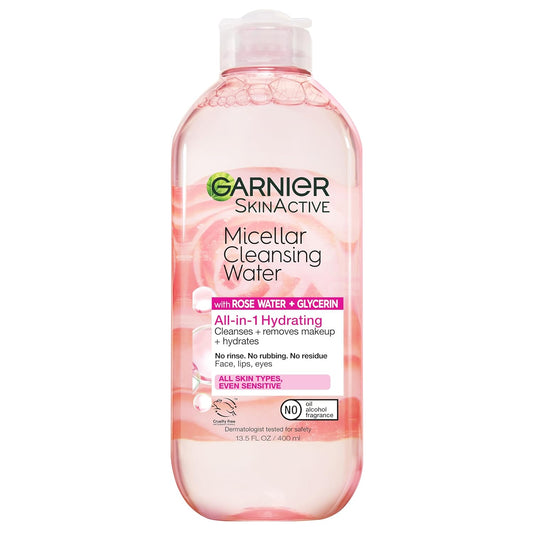 Garnier Micellar Water with Rose Water & Glycerin – Hydrating Facial Cleanser & Makeup Remover for All Skin Types, Vegan & Cruelty-Free (13.5 fl oz)