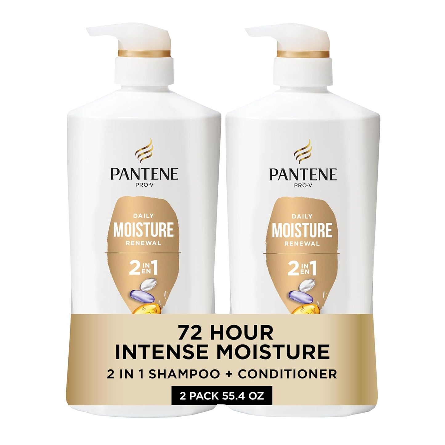 Pantene Daily Moisture Renewal 2-in-1 Shampoo & Conditioner Set | Pro-V Hydration, 72-Hour Softness for Dry & Color-Treated Hair (27.7 Oz, 2-Pack + Rescue Shot)