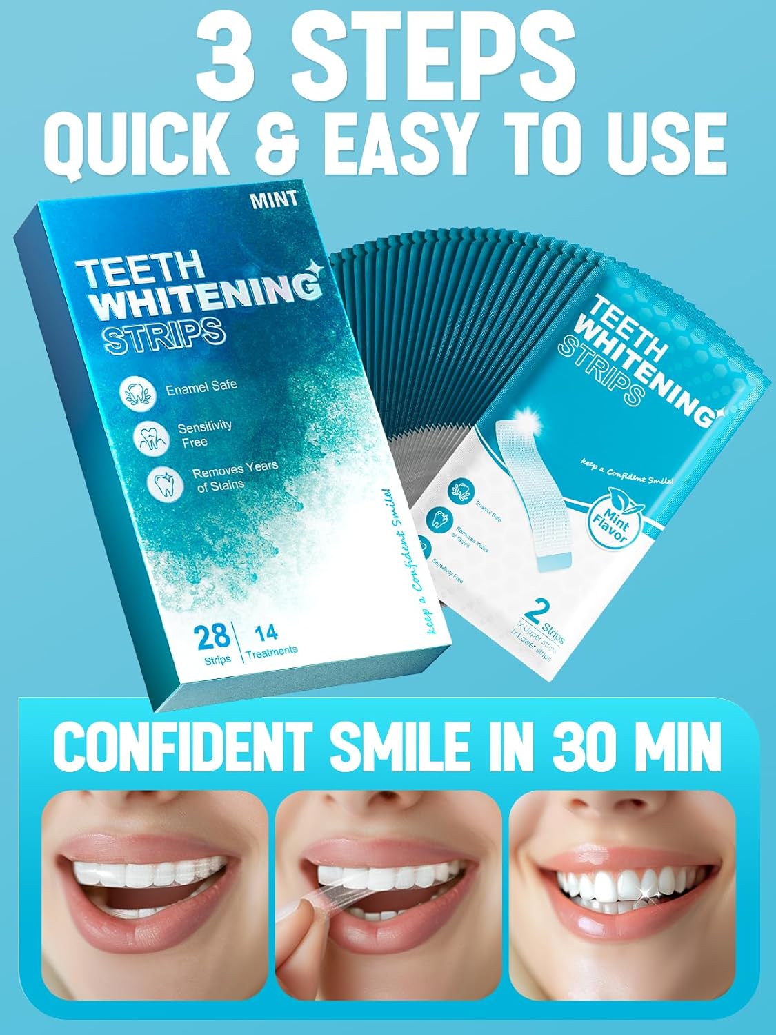 Oralfree Natural Teeth Whitening Strips – Enamel-Safe, Sensitive-Friendly, Mint Flavor, 28 Strips (14 Treatments)