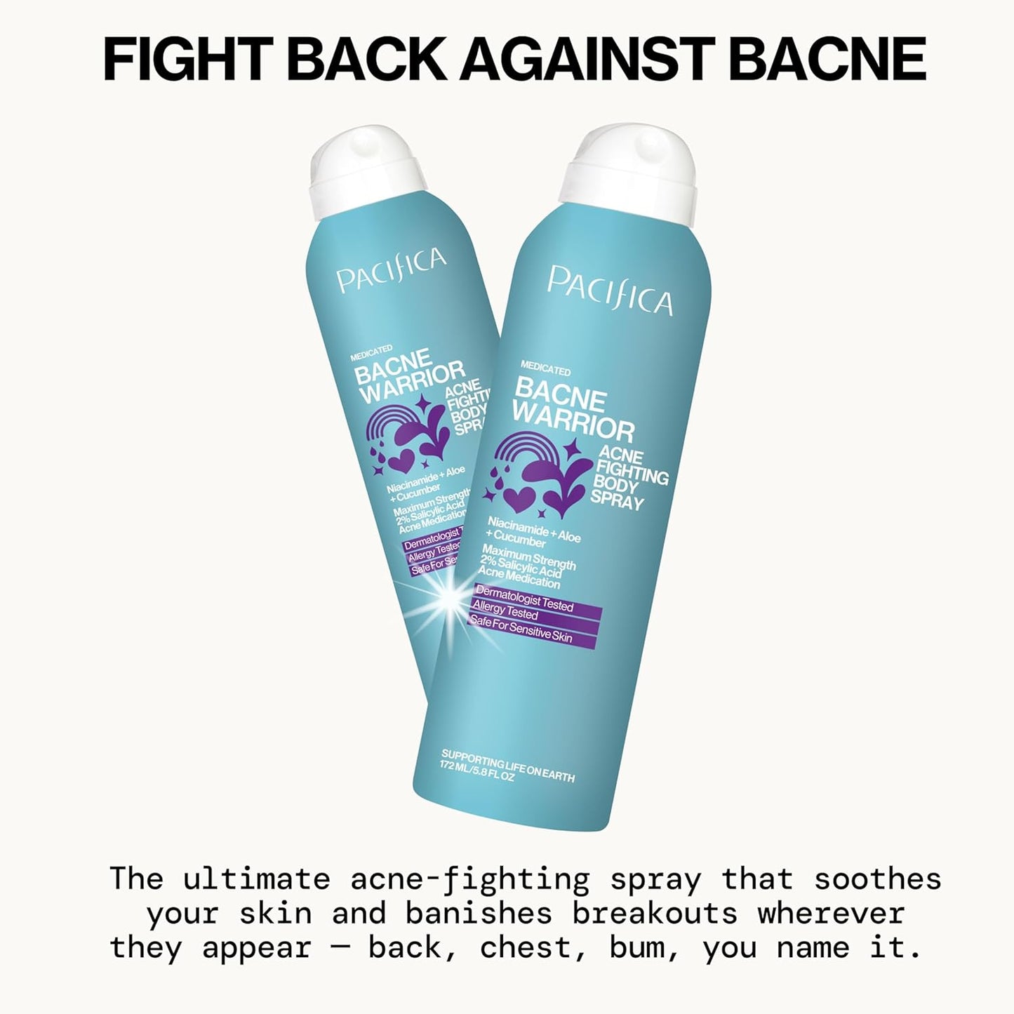 Pacifica Bacne Acne Cleanser Spray – 2% Salicylic Acid Body Mist for Back, Chest & Body Acne | Niacinamide & Aloe | Vegan & Dermatologist Tested – 6oz