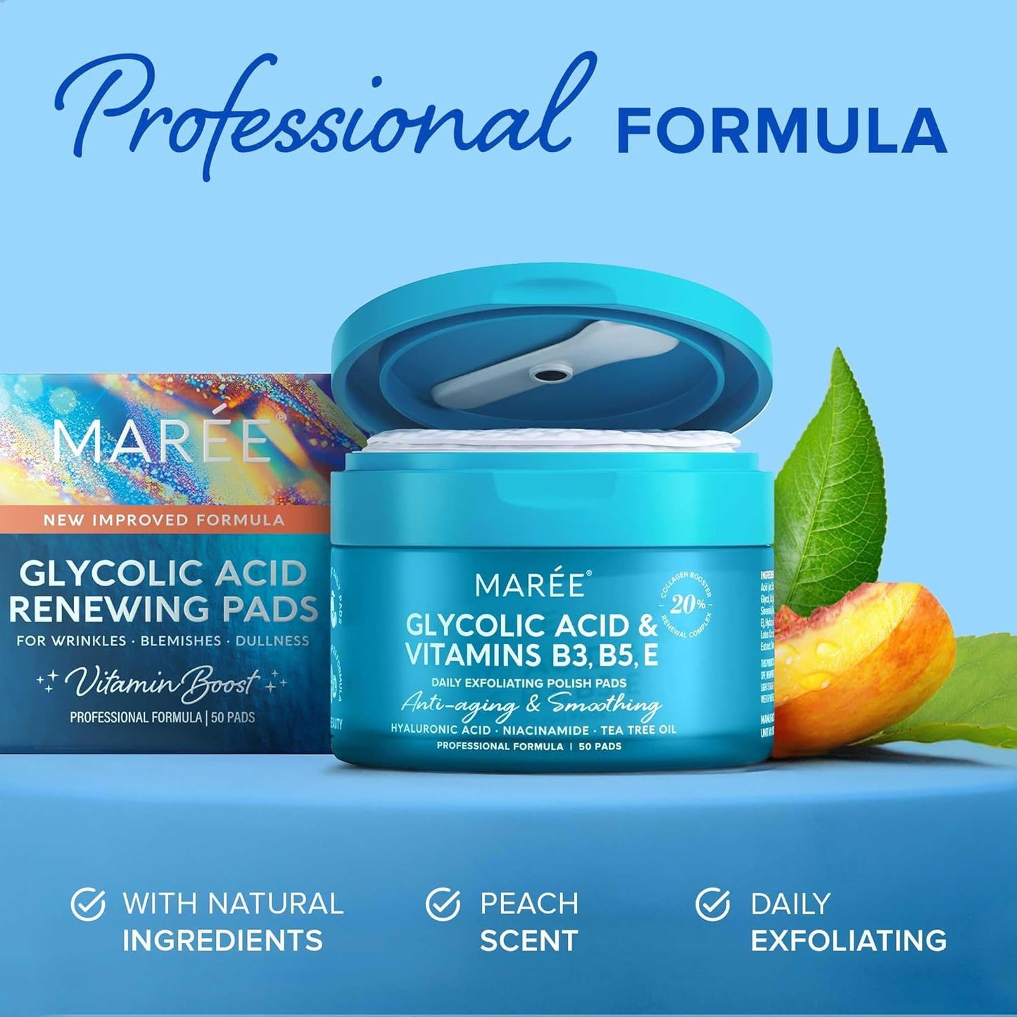 MAREE Glycolic Acid Exfoliating Toner Pads – 50 Count | Deep Pore Cleansing, Anti-Aging, Brightening & Hydrating Facial Peel with Salicylic Acid, Hyaluronic Acid, Tea Tree & Vitamins
