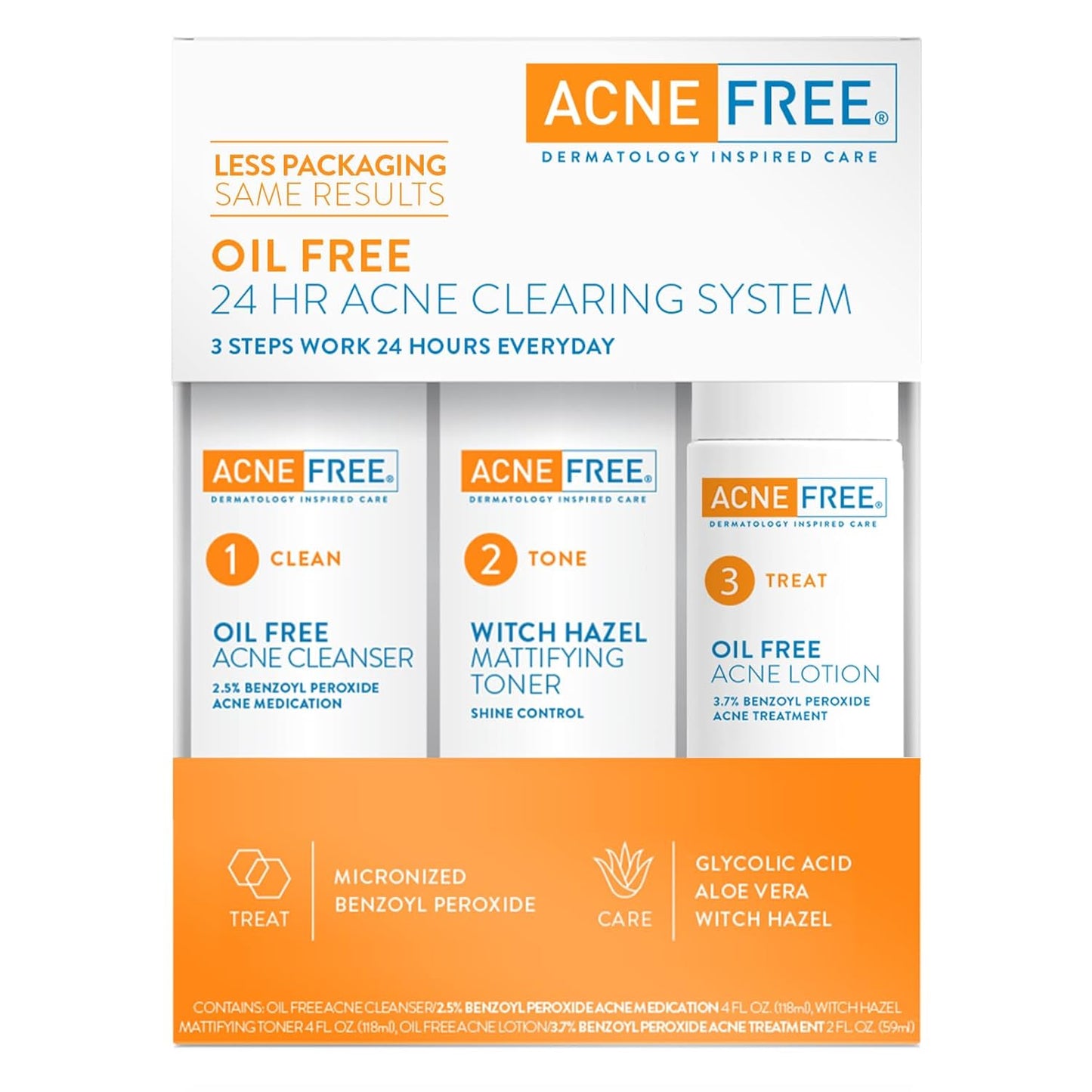 AcneFree 3 Step 24 Hour Acne Treatment Kit – Oil-Free Cleanser, Witch Hazel Toner & Acne Lotion with Benzoyl Peroxide – Dermatologist Recommended Acne Solution, 60 Day Supply