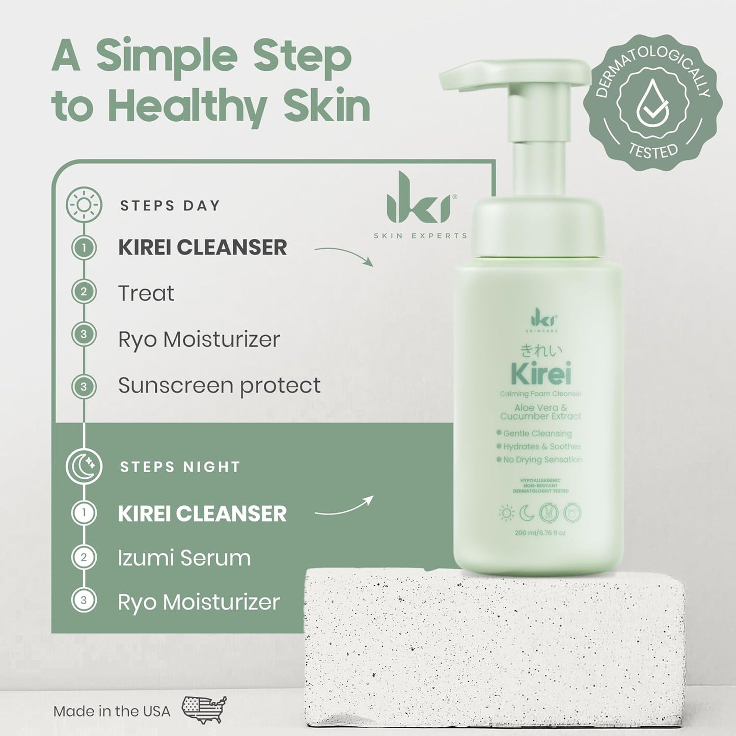 KIREI Foam Cleanser – Gentle Aloe Vera & Cucumber Face Wash, Hydrating & Soothing, Dermatologically Tested, Paraben-Free, Suitable for Sensitive Skin