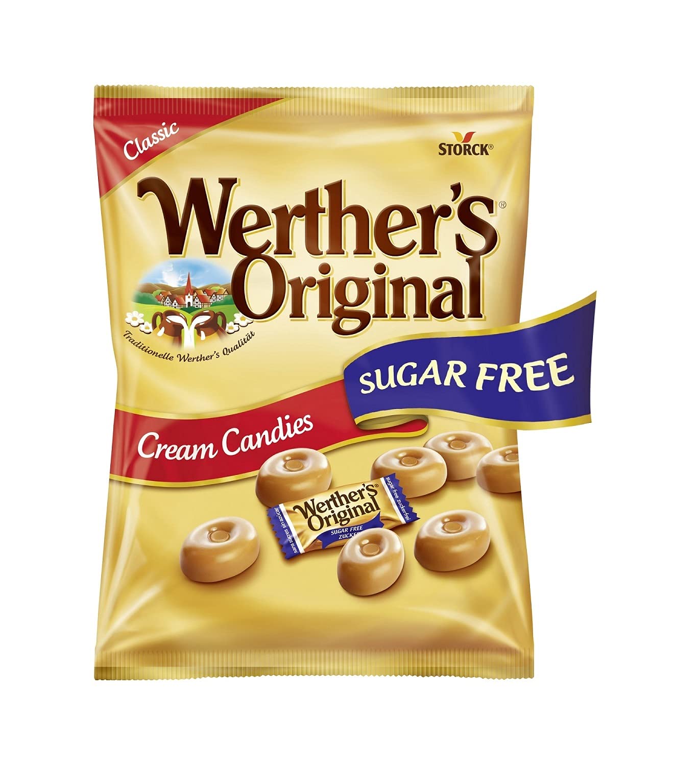 Werther’s Original Sugar Free Cream Candies | Classic Caramel Taste, 70g Bag (Imported, Vegetarian, Diabetic-Friendly)