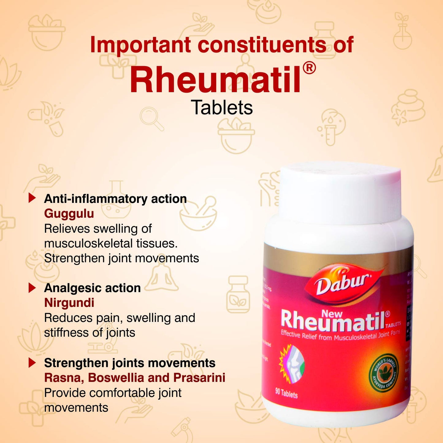 Dabur Rheumatil Tablets (90 Count) | Ayurvedic Joint Pain Relief & Arthritis Care Supplement