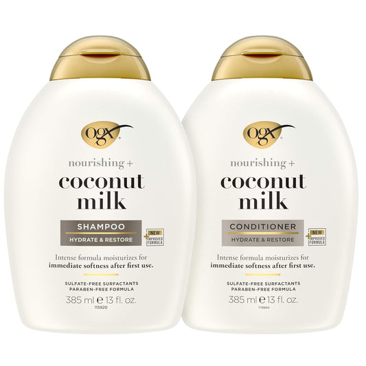 OGX Coconut Milk Sulfate-Free Shampoo & Conditioner Set | Hydrates & Softens | Lipi Pro Shield | Frizz Control & Nourishing Hair Care | 2 x 13 fl oz