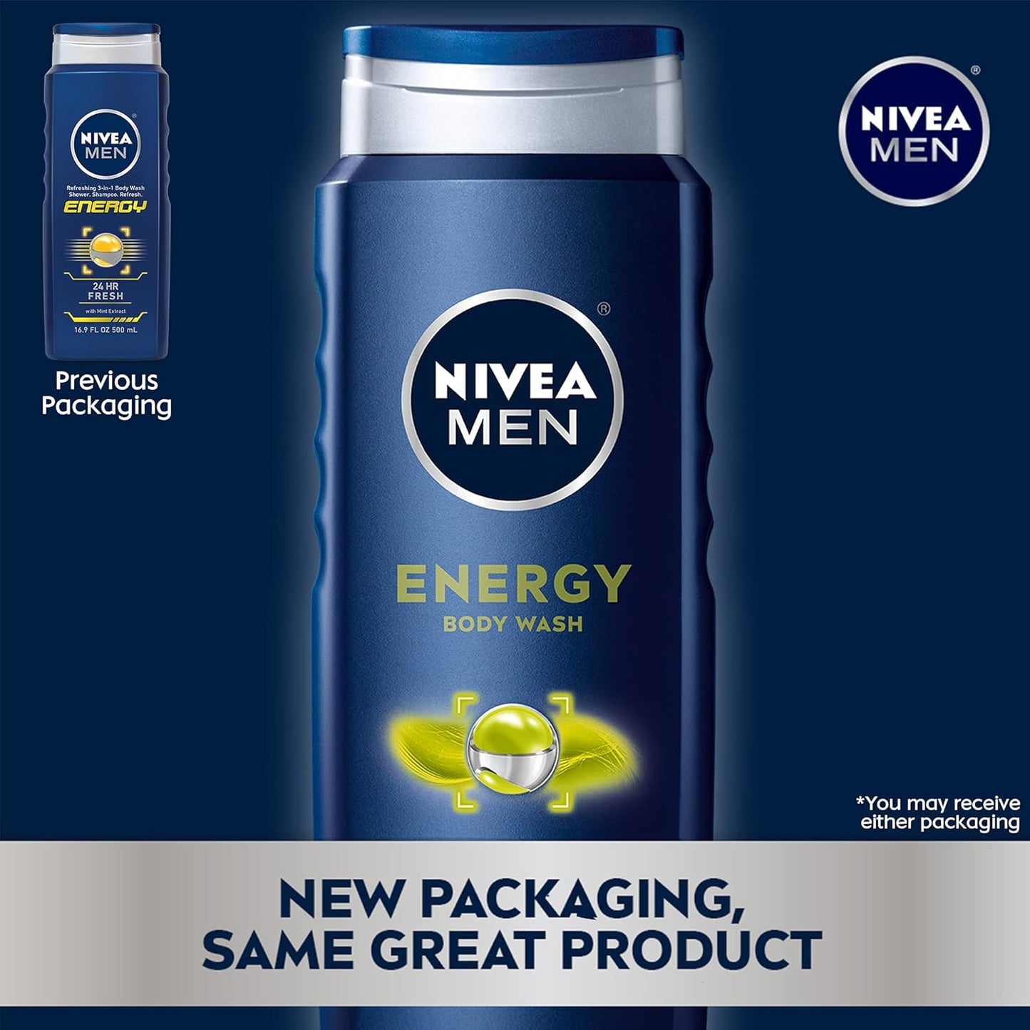 NIVEA Men Energy Body Wash with Mint & Cedarwood – 3-in-1 Face, Hair & Body Cleanser, Long-Lasting Freshness, Pack of 3 (16.9 fl oz Each)