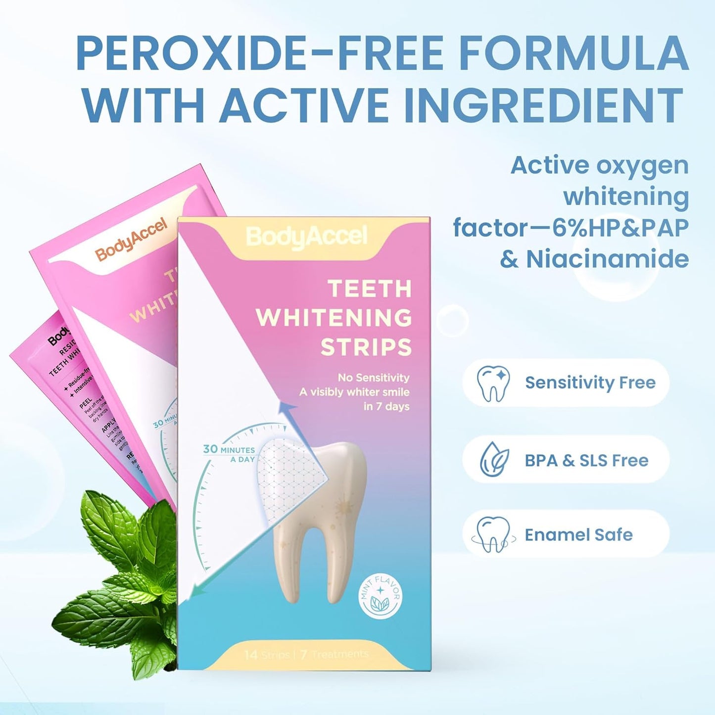BodyAccel Teeth Whitening Strips – 7/14 Day Kit, Residue-Free, Enamel-Safe, Intensive Whitening (14 Count)