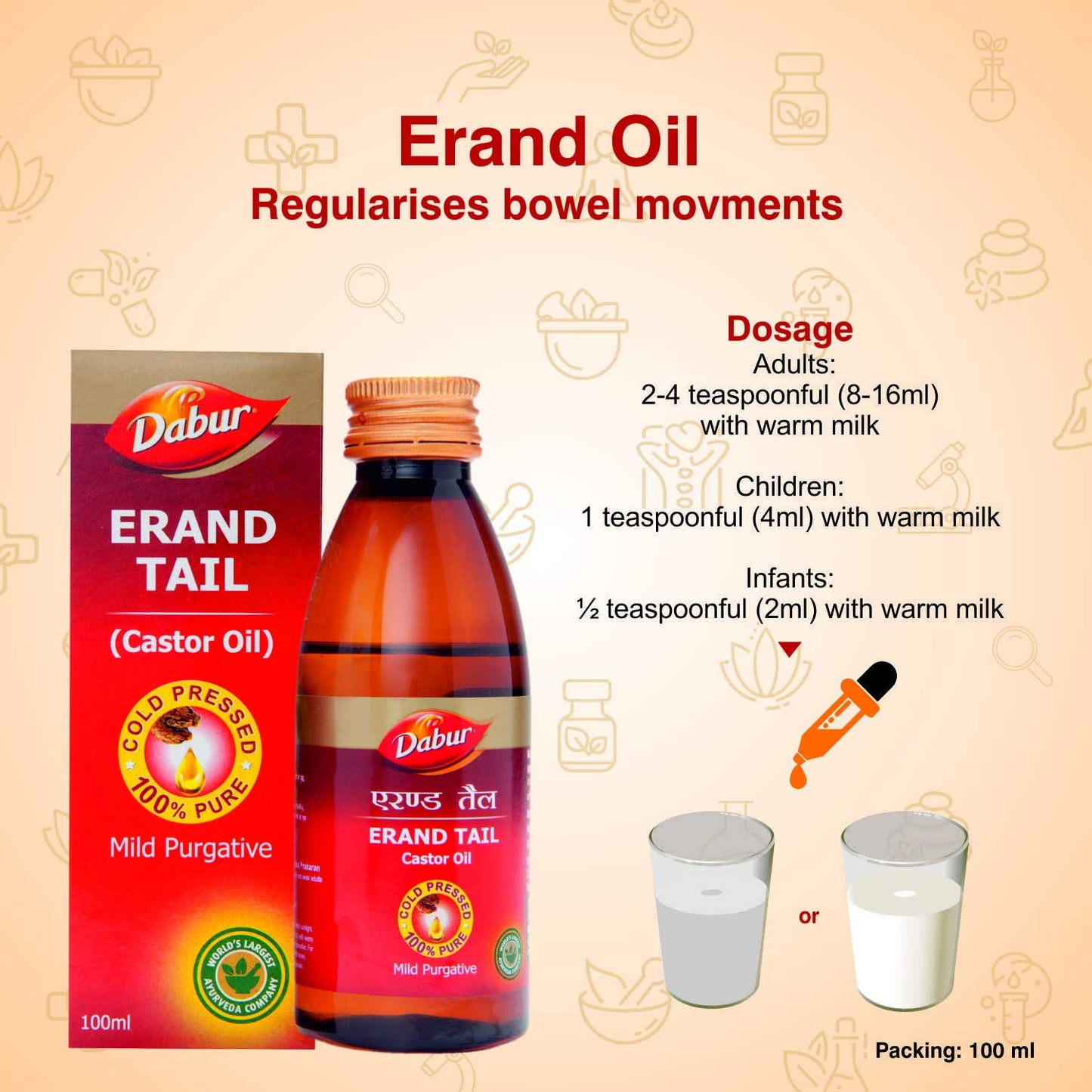 Dabur Erand Tail Pure Cold Pressed Castor Oil Provides Effective Relief From Constipation - 100 Ml