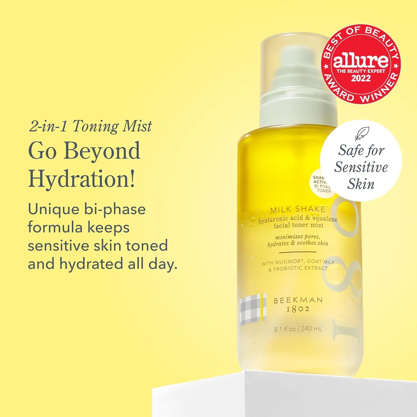 Beekman 1802 Milk Shake Hydrating Face Mist – Hyaluronic Acid & Squalane Toner Spray with Goat Milk for Sensitive Skin (Fragrance-Free)