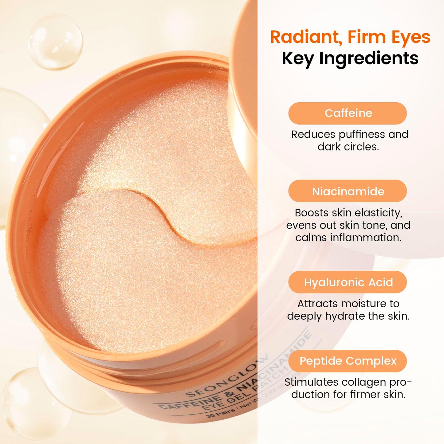 SEONGLOW Caffeine Under Eye Patches – 30 Pairs Korean Hydrogel Masks for Dark Circles, Puffiness & Fine Lines | Hydrating, Brightening & Anti-Wrinkle Care