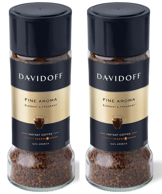 Davidoff Fine Aroma Instant Coffee – 100% Arabica, Elegant & Fragrant, Intensity 7 (2 x 100g Glass Bottles, Germany Imported)
