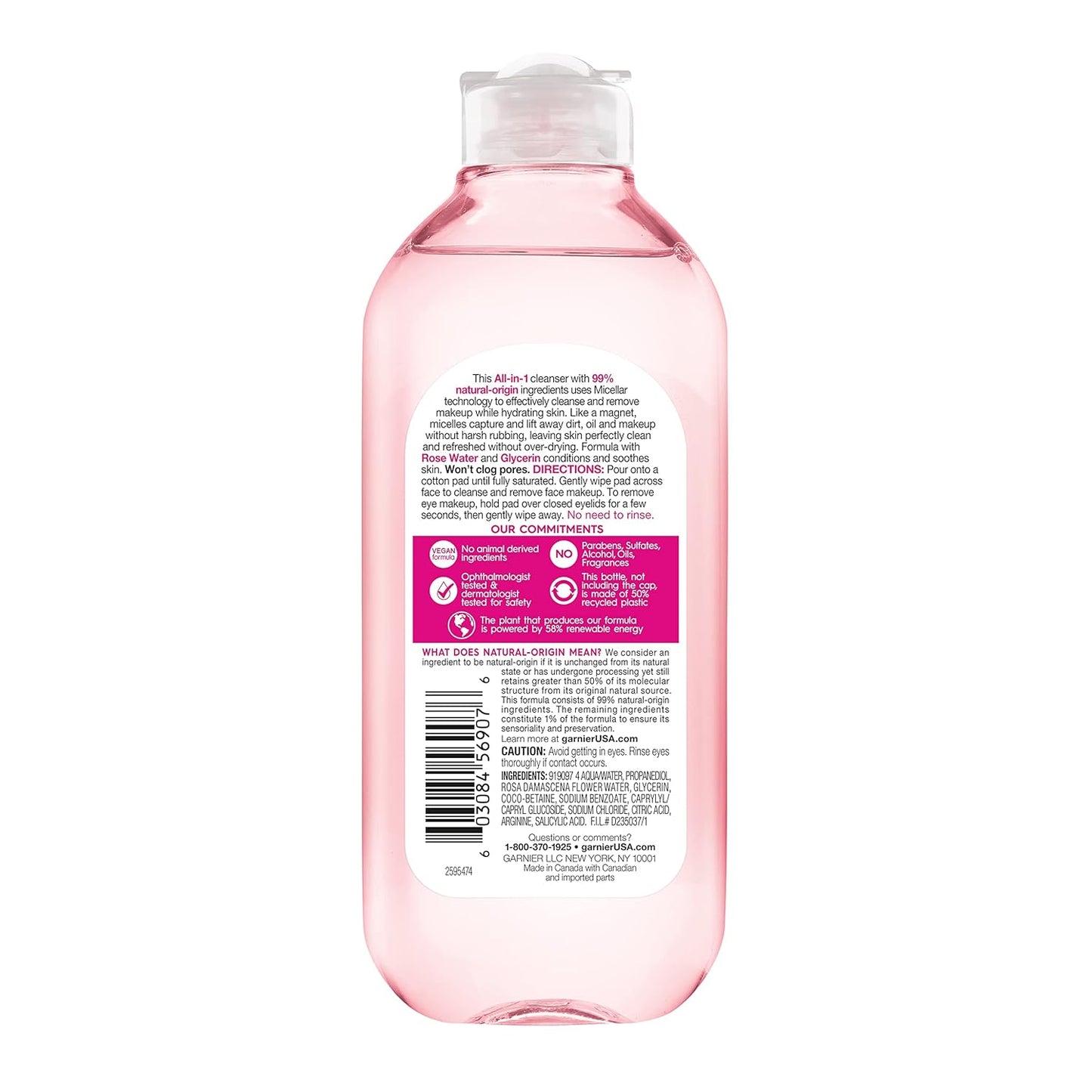 Garnier Micellar Water with Rose Water & Glycerin – Hydrating Facial Cleanser & Makeup Remover for All Skin Types, Vegan & Cruelty-Free (13.5 fl oz)