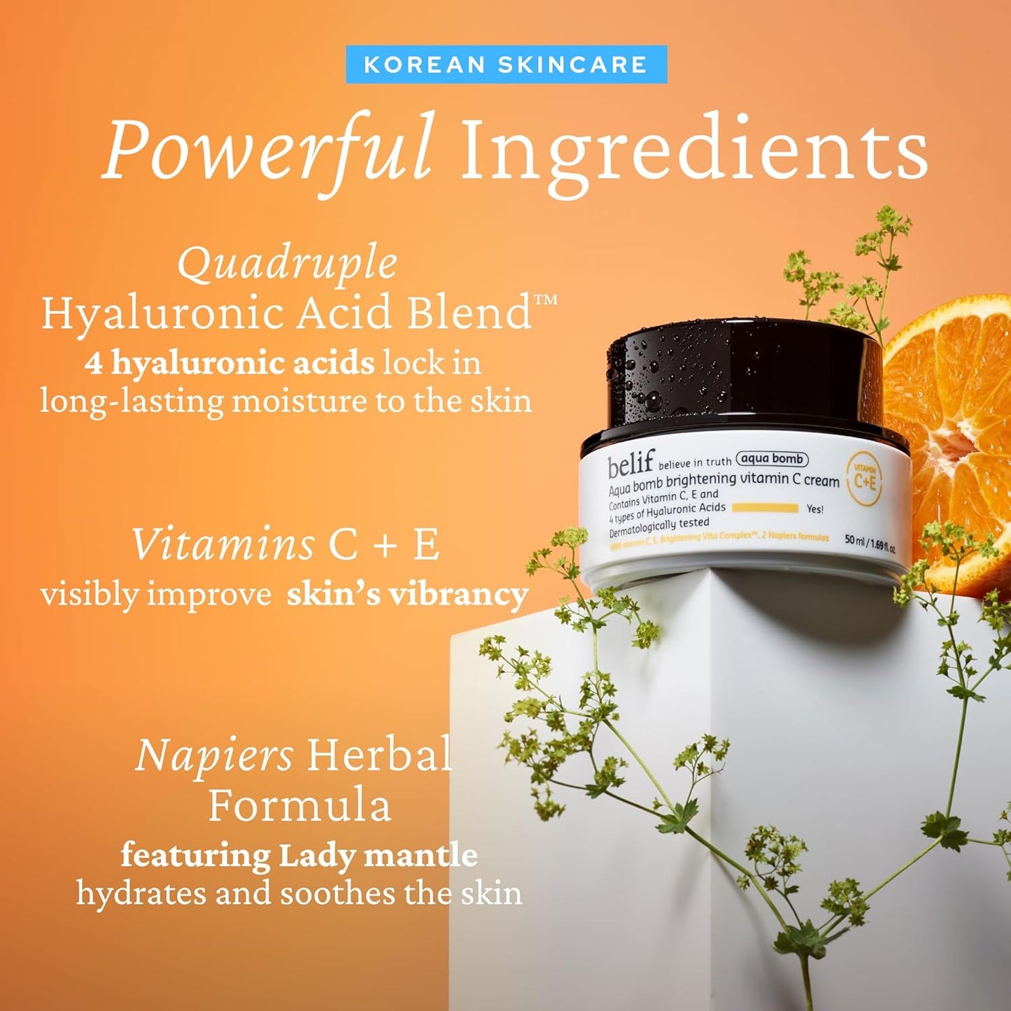 Belif Aqua Bomb Vitamin C Face Cream – Hydrating Moisturizer with Hyaluronic Acid & Vitamin E for Radiant, Glowing Skin (1.68 fl oz)