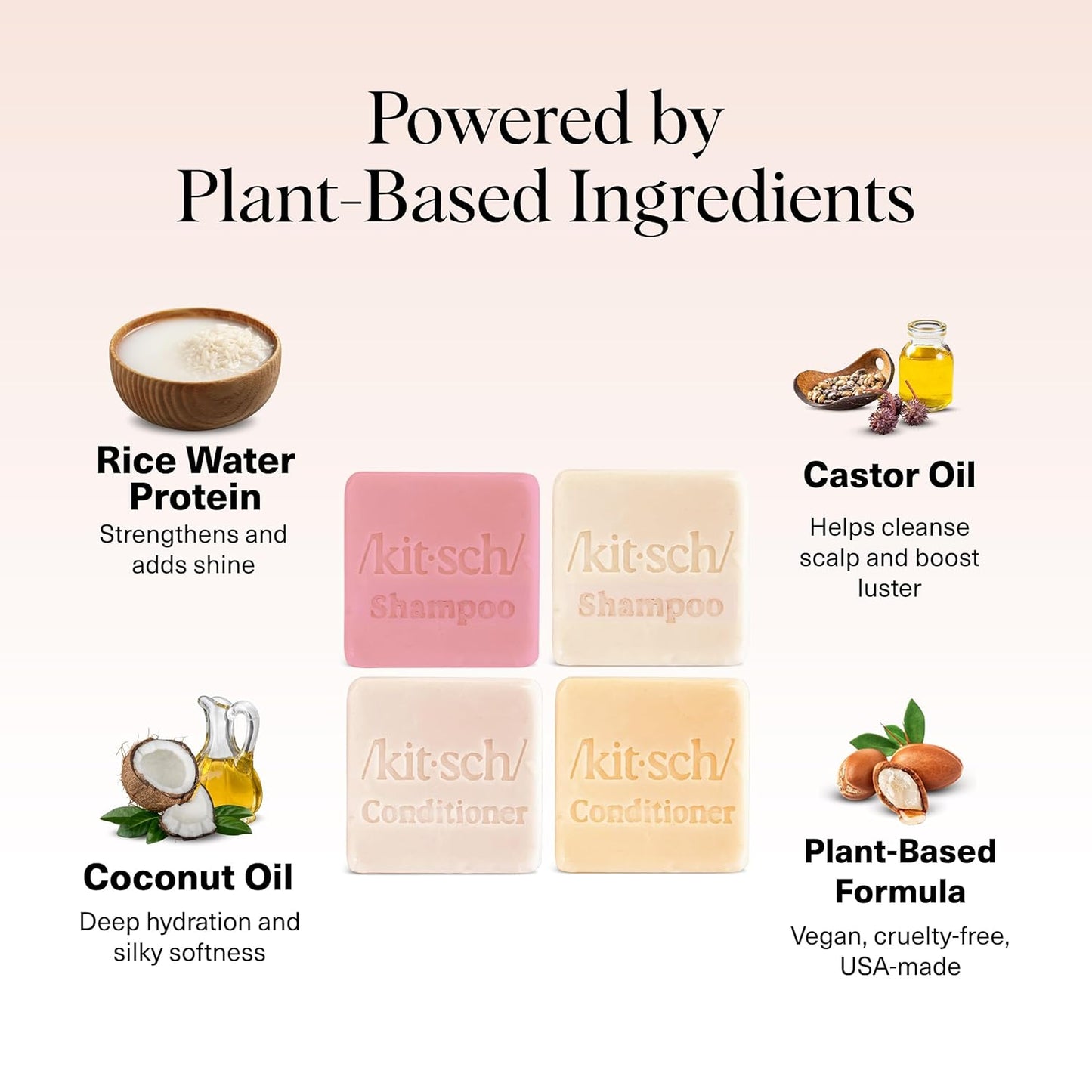 Kitsch Shampoo & Conditioner Bar Set | 4pc Sampler with Rice Water, Castor Oil & Coconut Oil | Bottle-Free, Eco-Friendly Hair Growth, Repair & Moisture