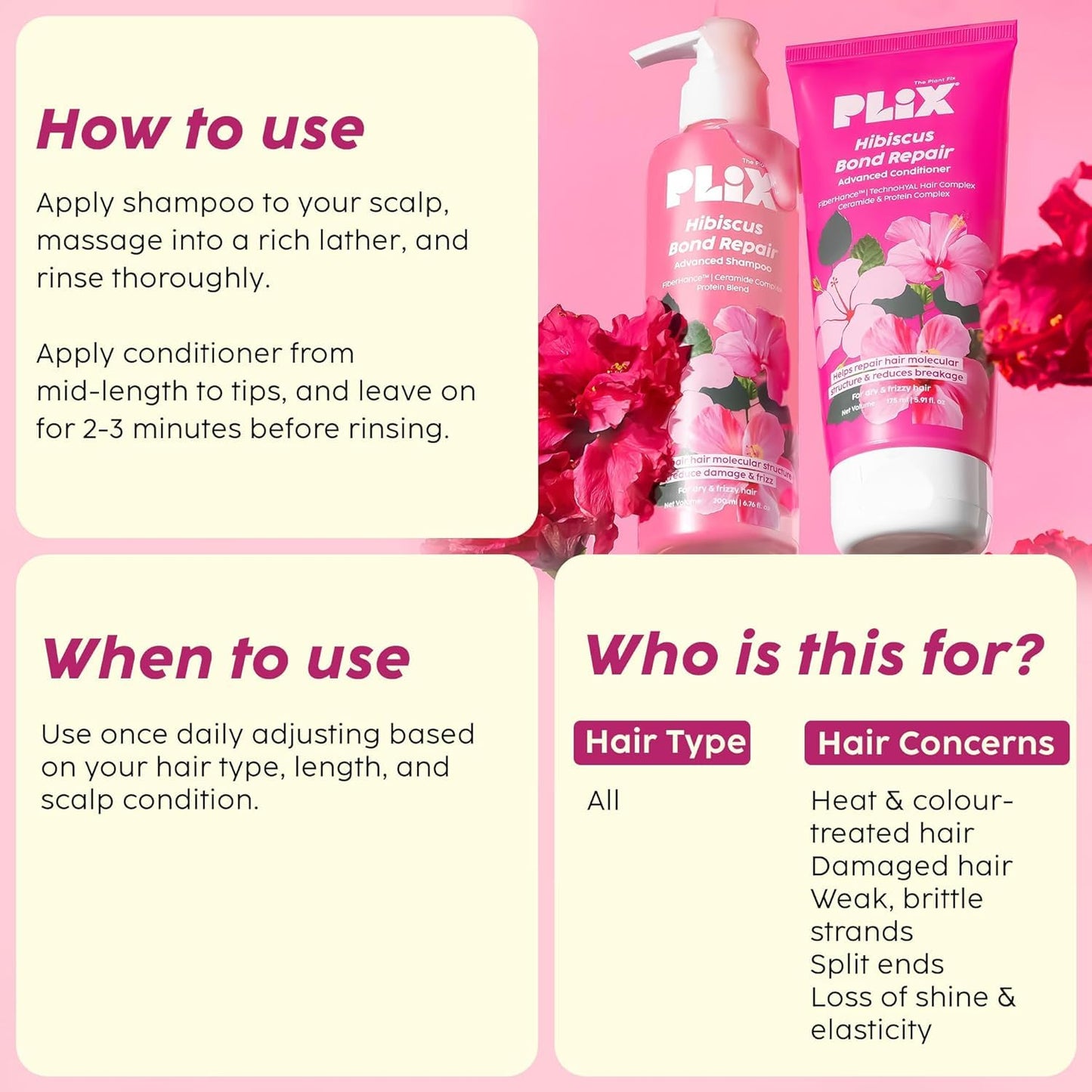 PLI'X Hibiscus Bond Repair Shampoo & Conditioner Set | FiberHance™ + TechnoHYAL Complex for Stronger, Hydrated, Frizz-Free Hair