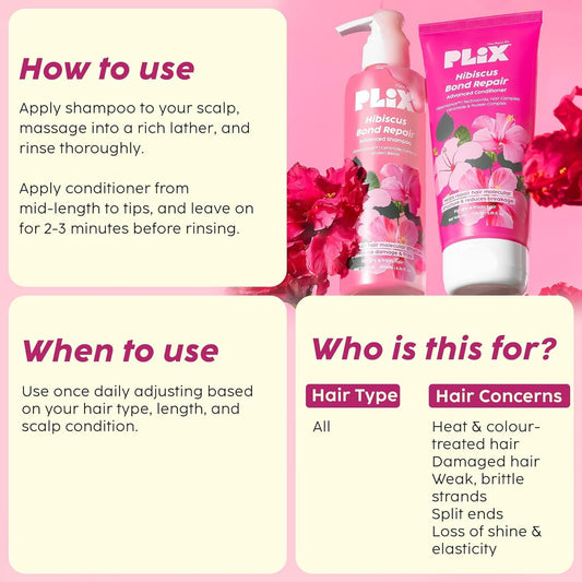PLI'X Hibiscus Bond Repair Shampoo & Conditioner Set | FiberHance™ + TechnoHYAL Complex for Stronger, Hydrated, Frizz-Free Hair