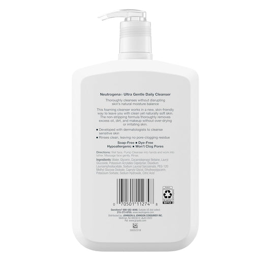 Neutrogena Ultra Gentle Foaming Facial Cleanser – Fragrance-Free, Hydrating Face Wash for Sensitive Skin, Daily Makeup Remover, 16 fl. oz