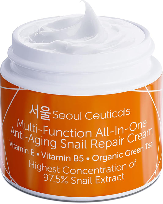 SeoulCeuticals Snail Mucin Moisturizer Cream 97.5% | Korean K-Beauty Day & Night Hydrating Repair Cream | Anti-Aging, Brightening & Cruelty-Free (2 fl.oz)