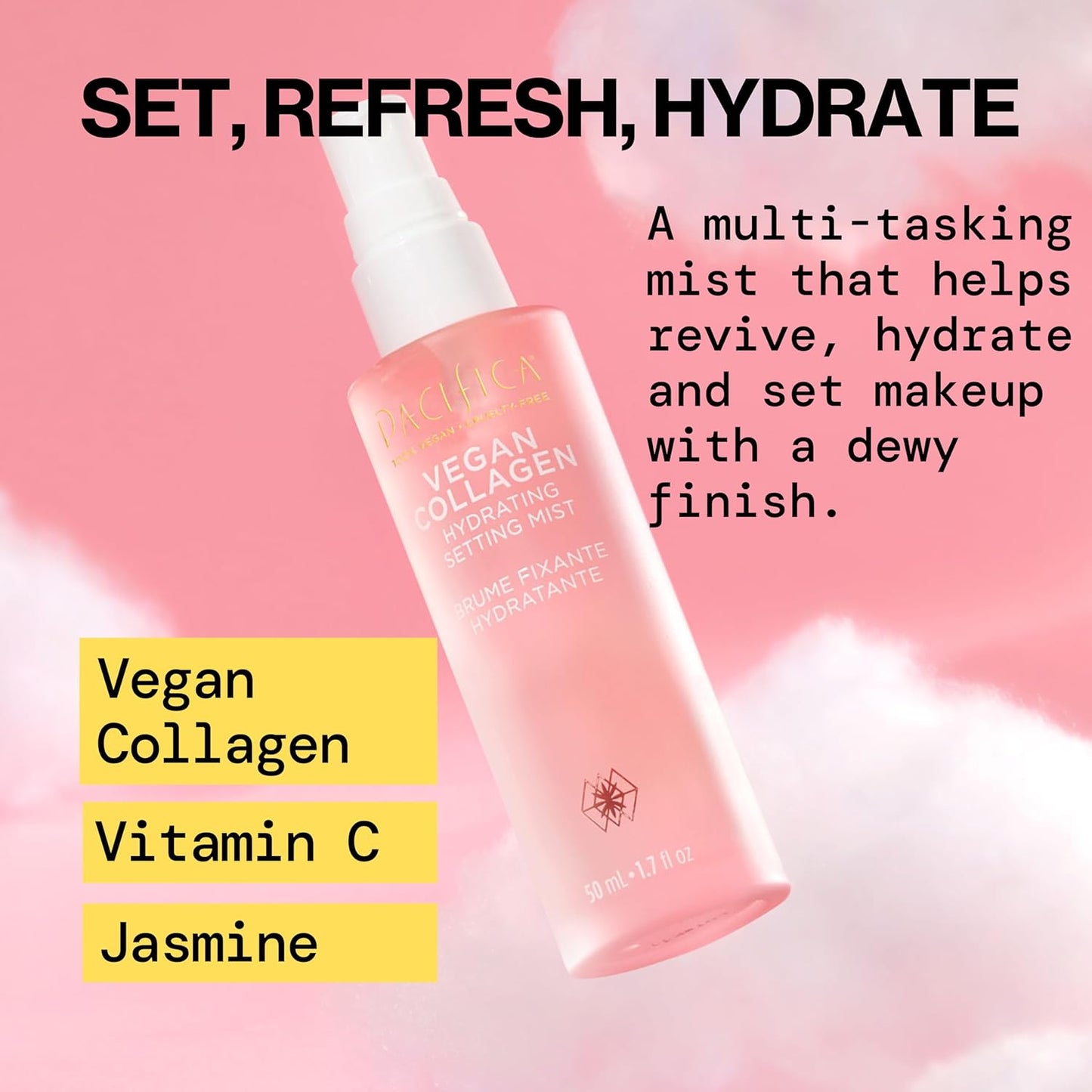 Pacifica Vegan Collagen Hydrating Setting Mist – Dewy Illuminating Face Primer & Makeup Base with Squalane & Ceramides (1.7oz)
