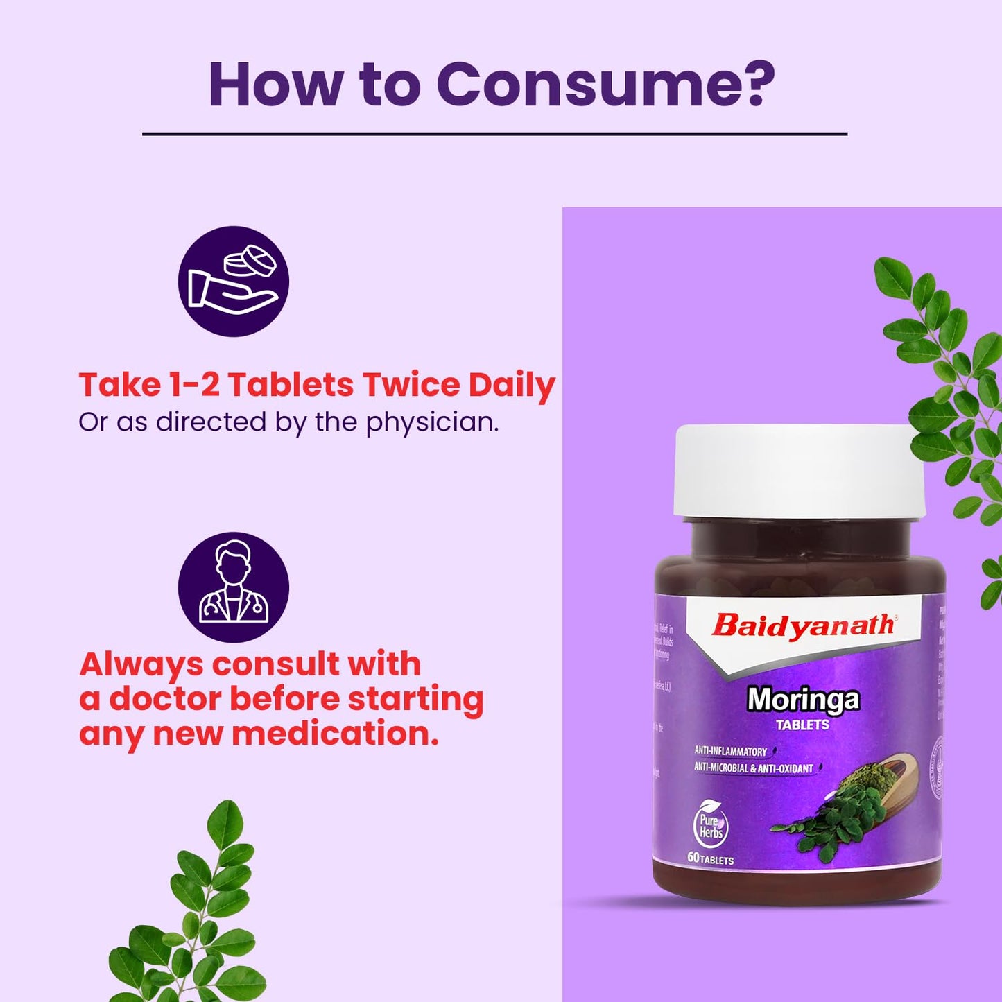 Baidyanath Moringa Tablets 60 Tabs (Pack of 1) –Drumstick Leaf Tablets| Helpful in Overall Health and Wellness and Gut Balance