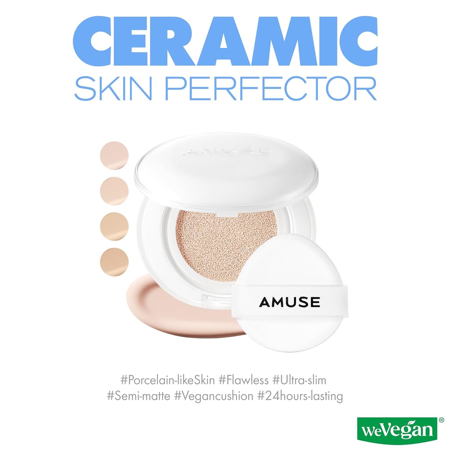 Amuse Seoul Ceramic Cushion Foundation – Semi-Matte, Long-Lasting, Lightweight, Flawless Vegan Korean Makeup (15g | 03 Honey)