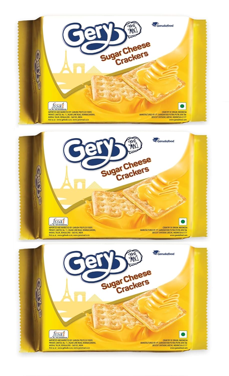 Gery Cream Cheese Crackers – Sweet & Savory Crunchy Biscuits with Creamy Cheese 110g Each (Pack of 3, Imported)