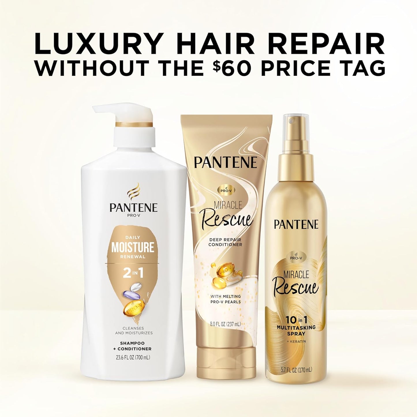 Pantene Daily Moisture Renewal 2-in-1 Shampoo & Conditioner Set | Pro-V Hydration, 72-Hour Softness for Dry & Color-Treated Hair (27.7 Oz, 2-Pack + Rescue Shot)