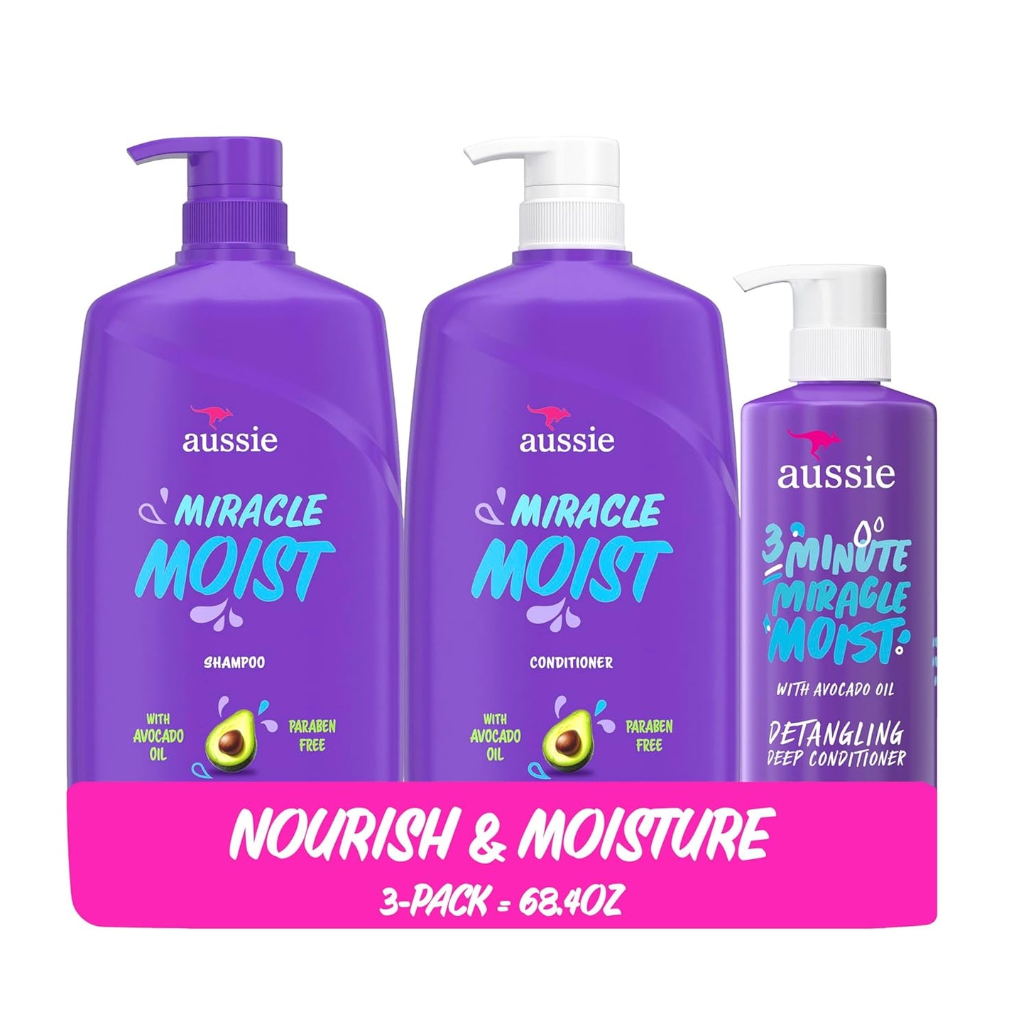 Aussie Miracle Moist Hair Care Set | Shampoo, Conditioner & 3 Minute Miracle Deep Conditioner | Hydrates, Detangles & Nourishes | Paraben-Free | 3 Pack 68.4 fl oz