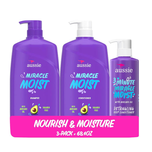 Aussie Miracle Moist Hair Care Set | Shampoo, Conditioner & 3 Minute Miracle Deep Conditioner | Hydrates, Detangles & Nourishes | Paraben-Free | 3 Pack 68.4 fl oz