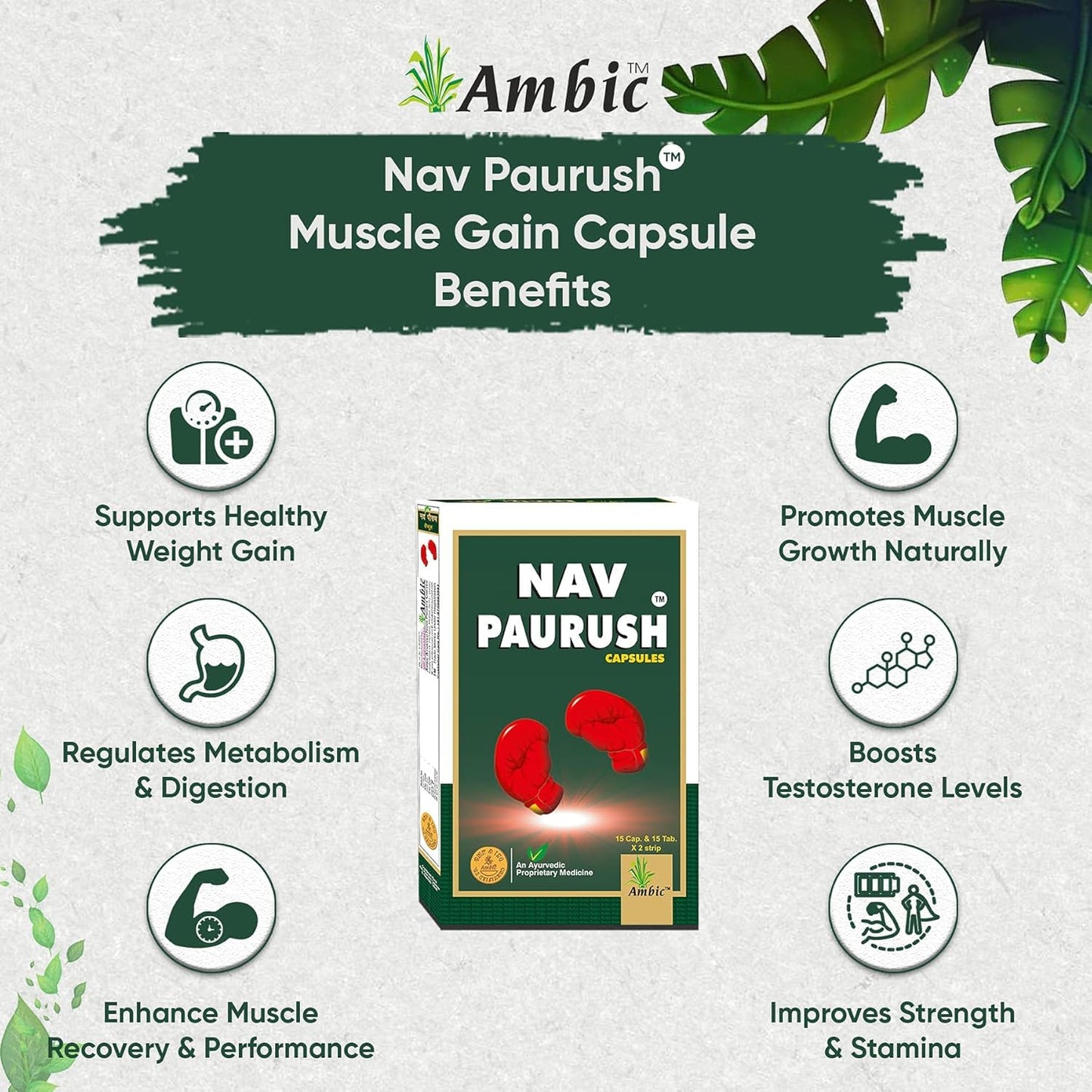 Ambic Nav Paurush Capsules – Ayurvedic Weight Gain & Muscle Growth Supplement for Strength, Stamina & Energy (60 Capsules + Tablets)